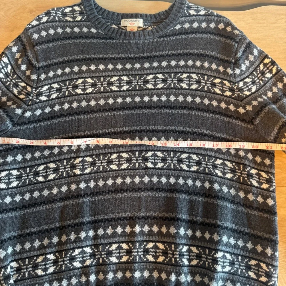 Dockers Mens Fair Isle Crewneck Sweater Gray‎ Black White Cotton Knit Large
